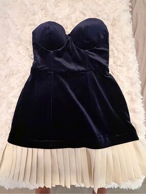 Chloe Dao Boutique Navy Blue & Cream Pleated Mini Dress